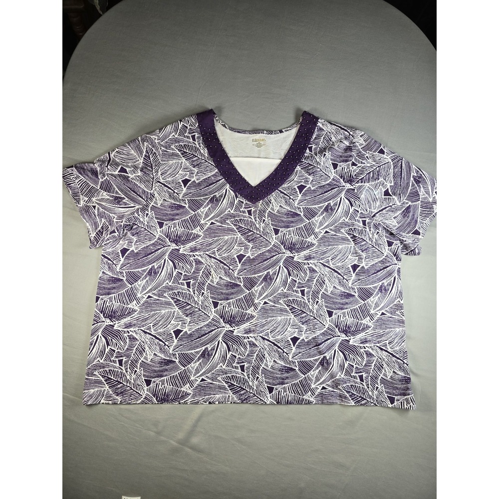 LIZ & ME Womens Short Sleeve Pullover Shirt Sz 4X 30-32 Purple/White VNeck